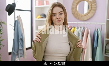 A stylish young woman confidently poses in a modern wardrobe room with a variety of clothes. Stock Photo