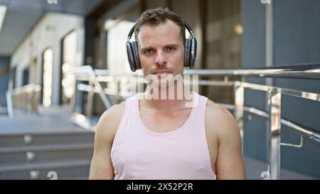A handsome man with headphones stands confidently outdoors with an urban street environment surrounding him. Stock Photo