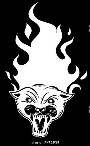 white silhouette of Panther Burning Flame Head on black background Stock Vector