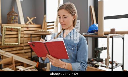 A focused caucasian woman in denim takes notes at her bustling carpentry workshop. Stock Photo