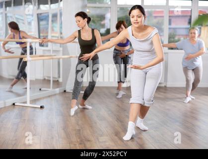 Group of female beginners rehearsing ballet dance Stock Photo
