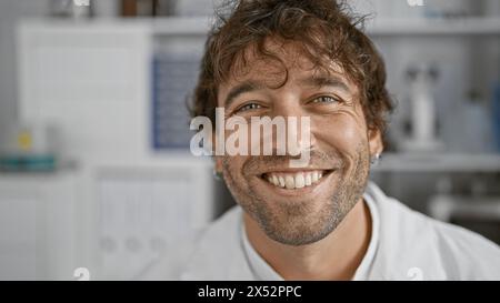 Smiling hispanic man with beard and green eyes wearing a lab coat in a hospital interior. Stock Photo