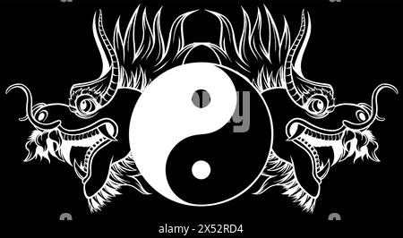 white silhouette of Yin Yang and head Chinese dragon on black background vector illustration Stock Vector