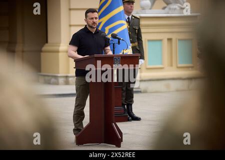 Kyiv, Ukraine. 06th May, 2024. Ukrainian President Volodymyr Zelenskyy delivers remarks during Infantry Day celebrations on Constitution Square, May 6, 2024, in Kyiv, Ukraine. Credit: Ukraine Presidency/Ukrainian Presidential Press Office/Alamy Live News Stock Photo