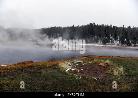 Steaming thermal hot springs in Yellowstone National Park during the winter season. Stock Photo