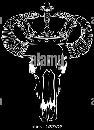 white silhouette of bull skull wearing a crown with diamonds on black background Stock Vector