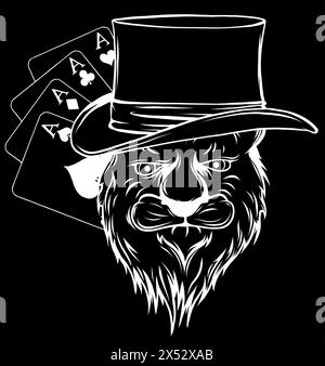 white silhouette of Portrait of lion in bowler hat and poker aces on black background Stock Vector