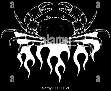 white silhouette of Angry crab with claws on flames on black background Stock Vector