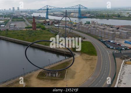 An aerial view of Temenos a sculpture by sculptor Anish Kapoor, and one of the world's leading structural engineers Cecil Balmond. Situated on the bank of the river Tees, between the Transporter Bridge and the Riverside Stadium in Middlesbrough. The structure is one of the largest public sculptures and is seen on Monday 6th May 2024. (Photo: Mark Fletcher | MI News) Credit: MI News & Sport /Alamy Live News Stock Photo