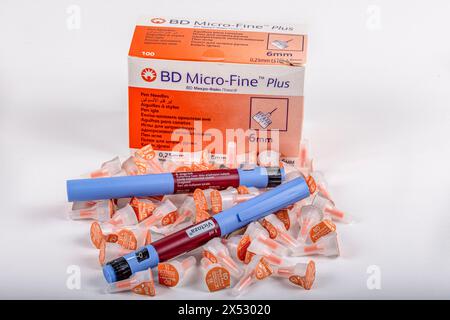 Istanbul Turkey 27 April 2024; BD Micro Fine plus Pen Needle 0.25 mm (31G) x 6 mm. It is an insulin pen needle. It is sold in boxes of 100 pieces. Stock Photo