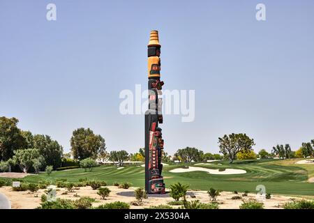 Rancho Mirage, California, USA. 5th May, 2024. Designed by Henry Hunt of the Kwakiutl Tribe of Fort Rupert B.C., this 30 ft tall Totem Pole is on the fifth fairway of the Annenberg's golf course. (Credit Image: © Ian L. Sitren/ZUMA Press Wire) EDITORIAL USAGE ONLY! Not for Commercial USAGE! Stock Photo