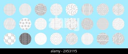 crosshatch pattern circles set. Different textures made in hand drawn pencil style. Stock Vector