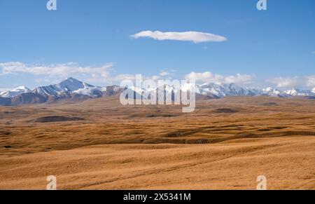 Mountains, glacier and autumnal grass. High mountain landscape with ...