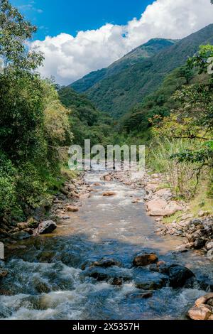 VERTICAL LANDSCAPE OF A RIVER WITH STONES IN THE MIDDLE OF THE JUNGLE MOUNTAINS OF COLOMBIA IN THE DRY SEASON Stock Photo