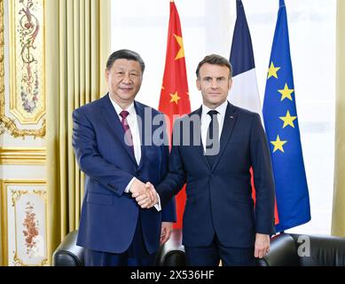 Paris, France. 6th May, 2024. Chinese President Xi Jinping and his French counterpart, Emmanuel Macron, hold talks at Elysee Palace, in Paris, France, May 6, 2024. Credit: Yin Bogu/Xinhua/Alamy Live News Stock Photo