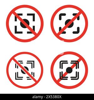 Prohibited autofocus icons set. No camera focus allowed symbols. Restricted photography or surveillance. Vector illustration. EPS 10. Stock Vector