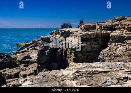 The rocky shore around the Portland Bill Lighthouse with Pulpit Rock visible in the background, Portland, Dorset, England. Stock Photo