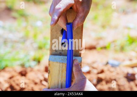 Using saw tools, plumber makes cuts in blue PVC water piping Stock Photo