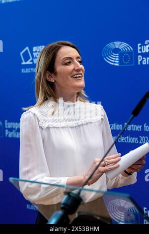 European Parliament President Roberta Metsola speaks to the public and private partners as apart of signing the Partnership Agreements between the European Parliament and Public and Private Partners ahead of the European elections. Celebrating the launch of a public-private partnership to bolster participation in the 2024 European Elections, Roberta Metsola, President of the European Parliament, and Jaume Duch Guillot, Director General for Communication, addressed a gathering of around 80 business and community leaders. Their speeches underscored the critical importance of individual voting ri Stock Photo