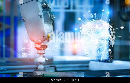 Robot hand machine control by AI in manufacturing industry. AI-powered automation. Automatic robotic arm in factory. AI-controlled for intelligent Stock Photo
