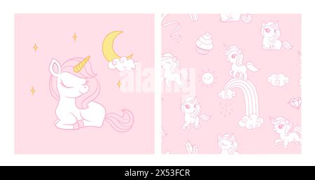 Seamless pattern with unicorns, donuts rainbow, confetti and other elements. Vector background with stickers, pins, patches in cartoon comic style. Stock Vector