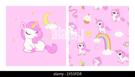 Seamless pattern with unicorns, donuts rainbow, confetti and other elements. Vector background with stickers, pins, patches in cartoon comic style Stock Vector