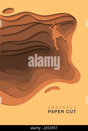 Paper cut background of a silhouette illustration of a woman figure hanging on the cliff Stock Vector