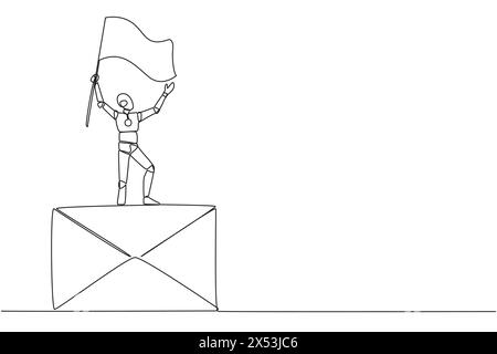 Single one line drawing of robotic artificial intelligence standing on giant email icon holding fluttering flag. Concept robots reply to emails. Chatb Stock Vector