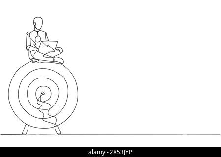 Single continuous line drawing robotic artificial intelligence sitting on giant arrow board target typing laptop. Robots focus on creating web applica Stock Vector