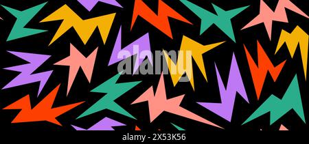 Colorful irregular spark and twinkle seamless pattern. Yellow, red, purple and green sharp shapes repeating background. Bright sharp edgy ornament wallpaper. Vector bright nursery repeated backdrop Stock Vector