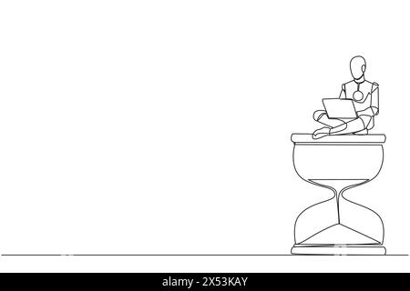 Continuous one line drawing robotic artificial intelligence sitting on giant hourglass typing laptop. Electronic technology industry. Future modern ro Stock Vector