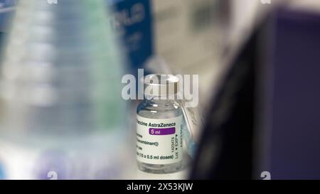 Madrid, Spain. 09th Apr, 2021. A vial containing AstraZeneca vaccine seen at the WiZink vaccination center. The pharmaceutical company AstraZeneca will stop marketing its coronavirus vaccine in Europe from May 7, 2024, a decision made by the company itself to the European Commission. Credit: SOPA Images Limited/Alamy Live News Stock Photo