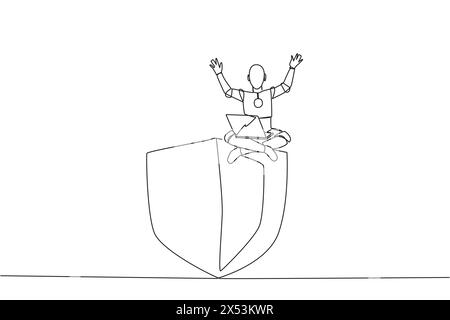 Continuous one line drawing robotic artificial intelligence sitting on giant shield holding laptop raise both hands. Firewall robots. Prevent virus at Stock Vector