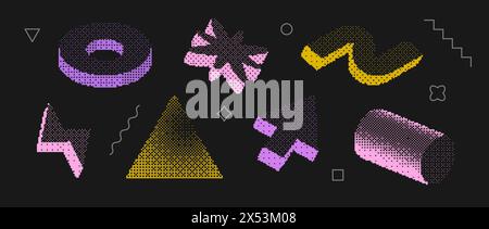 Bitmap textured shape set. Dither halftone objects collection. Colorful cylinder, arrow, bolt, ring, wave, triangle elements for banner, poster, leaflet. Pixelated 3d raster effect bundle. Vector pack Stock Vector