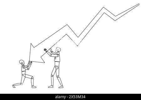 Continuous one line drawing two robots holding large arrow charts swooping down. One of the robots holding the end. Team work so the arrow can go back Stock Vector