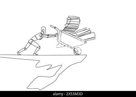 Single continuous line drawing robot pushes a wheelbarrow filled with piles of paper and binders down from the edge of the cliff. Robotic artificial i Stock Vector