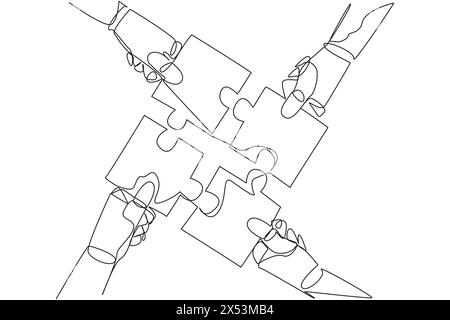 Continuous one line drawing four robot hands holding a puzzle piece each other. Doing teamwork to assemble puzzle pieces into one shape. Future AI tec Stock Vector