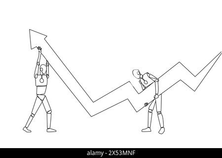 Single continuous line drawing two robots holding a large arrow chart. With their teamwork they hope that the graph will always be in rising condition Stock Vector