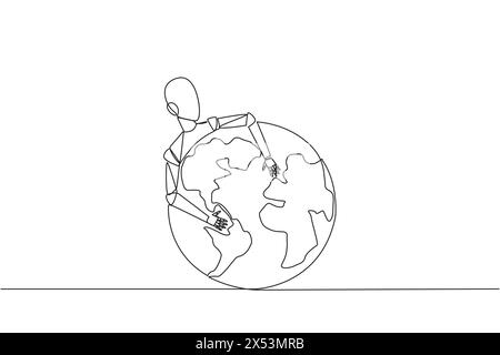 Continuous one line drawing robot hugging globe. Robots rule the world. Everything is technology. Artificial intelligence. Future technology developme Stock Vector