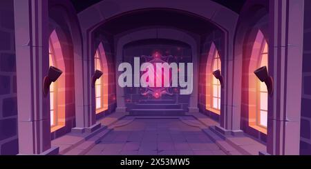 Magic mirror with pink glow and sparkles hanging on wall of castle hall with big windows and torches. Cartoon vector medieval hallway with fantasy mystery portal for fairy tale or game ui design. Stock Vector
