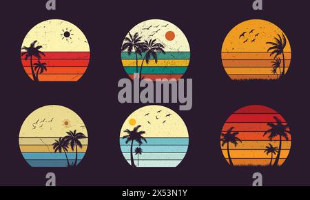 Collection of retro sunsets in the style of the 80-90s. Abstract background with a sunny gradient. Design template for icons, banners, prints. Isolate Stock Vector