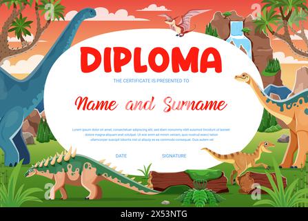 Kids diploma with cartoon dinosaurs, cute vector dragons, funny baby ...