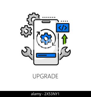 Web software optimization, mobile app coding, cellphone application develop and upgrade outline icon. Mobile app development and support linear vector icon with mobile phone cog wheel and wrenches Stock Vector