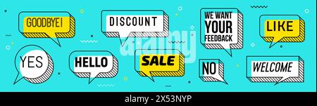 Memphis speech bubbles isolated vector set. White and yellow dialog clouds with thick outlines and typography goodbye, yes, hello and discount or sale, we want your feedback, no, like and welcome Stock Vector