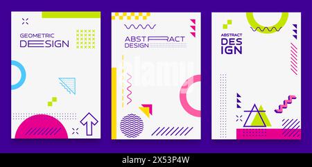 Abstract modern Memphis geometric pattern posters with minimal line shapes, vector backgrounds. Memphis posters or cover templates with abstract geometric figures of waves, circles and halftone dots Stock Vector