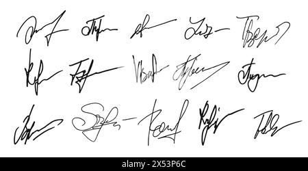 Autograph or signature pack. Agreement or certificate paper hand writing signs set, pen hand written isolated vector personal autograph or official document ink calligraphy signatures collection Stock Vector