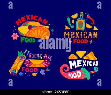 Mexican cuisine food lettering icons of Mexico Tex Mex dishes, vector menu banners. Mexican cuisine lettering for burrito and taco with nachos, tequila and chili or jalapeno peppers in floral ornament Stock Vector