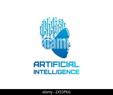 Ai artificial intelligence icon, machine learning. Data technology isolated vector emblem with human or robot head profile with brain contains nodes or circuits, symbolizing neural networks algorithms Stock Vector
