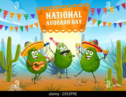 Avocado day banner. Funny cartoon characters dancing in Mexican desert, decorated with flag garlands. Avocado mariachi musical band in sombrero and party hat playing maracas and guitar amidst cacti Stock Vector