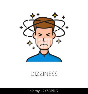 Dizziness hematology color line icon, anemia disease symptom. Isolated vector linear anemic sign with a pale, lightheaded male face embodying weakness, fatigue and imbalance in healthcare Stock Vector